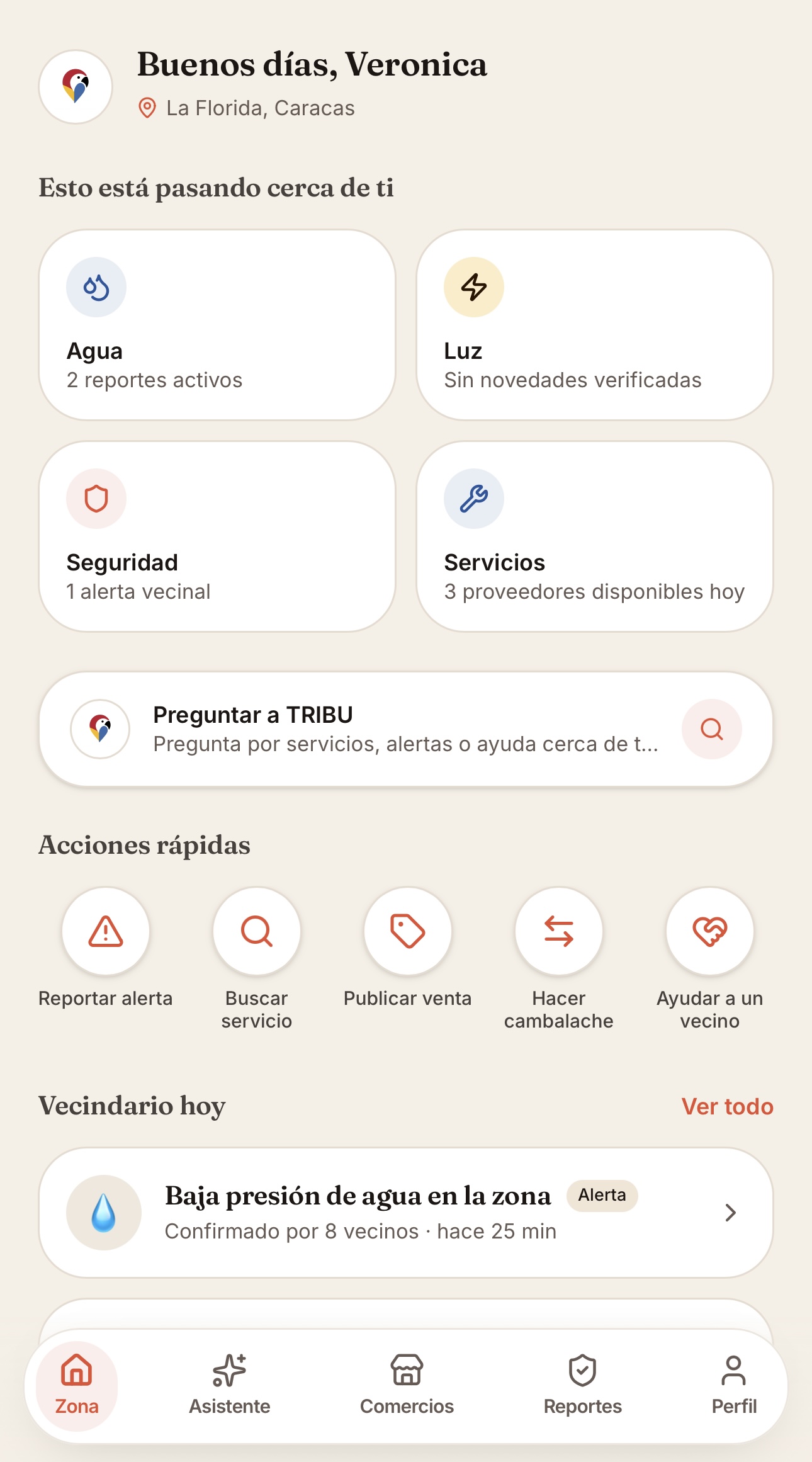 TRIBU neighborhood screen with alerts, services, and quick actions.