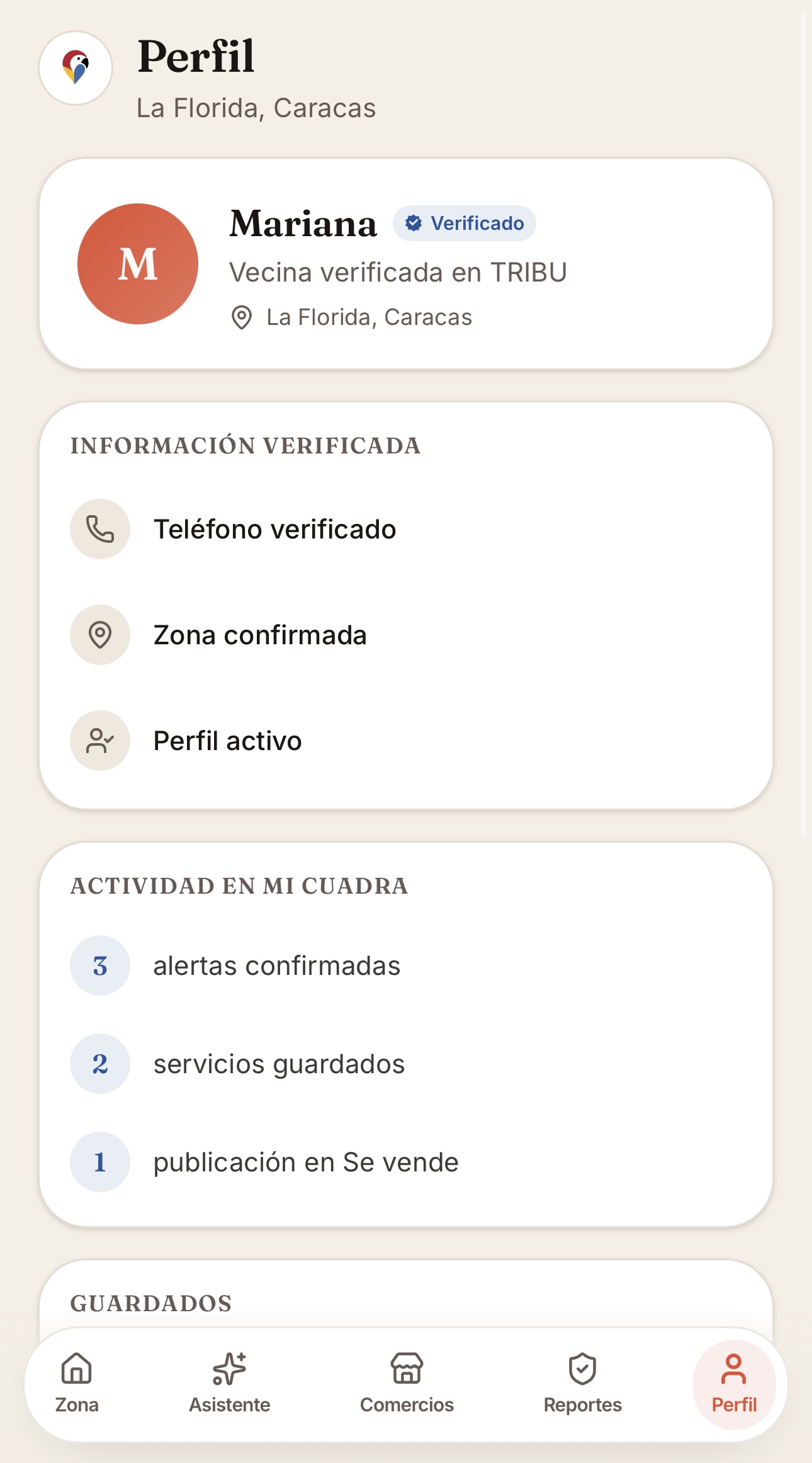TRIBU verified resident profile screen.